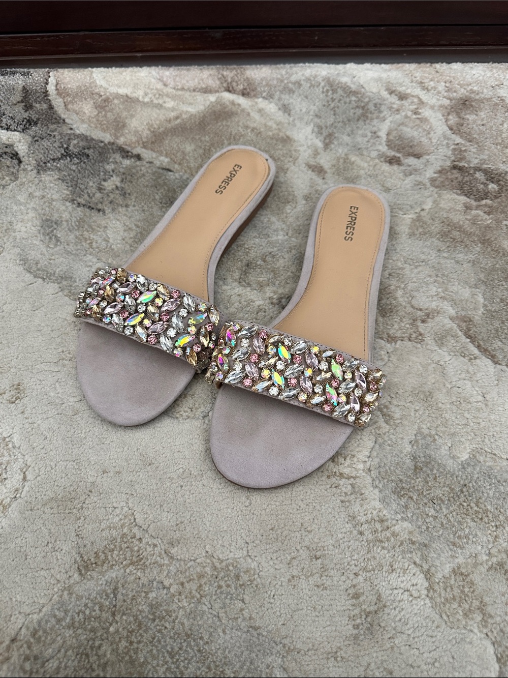 Express Taupe Jeweled Slide Mules